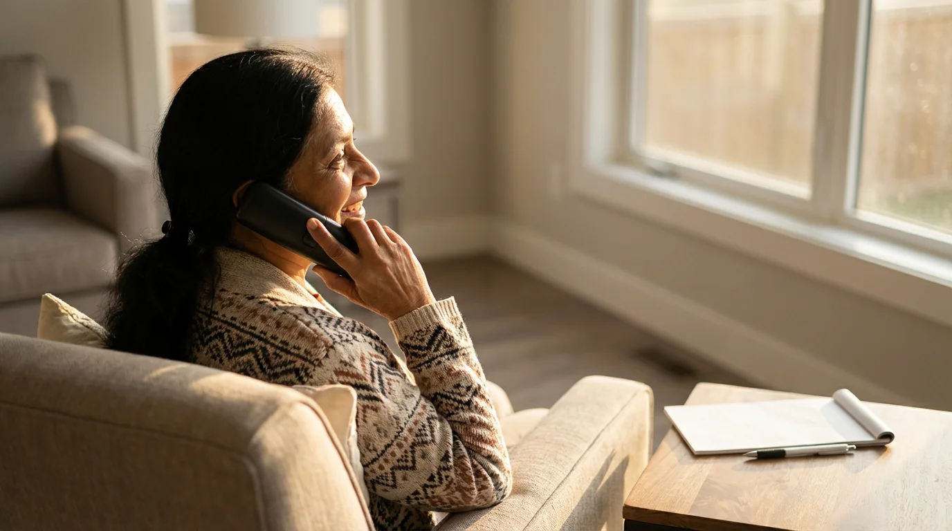 Senior woman smiles while on the phone, finding free health insurance counseling from home.