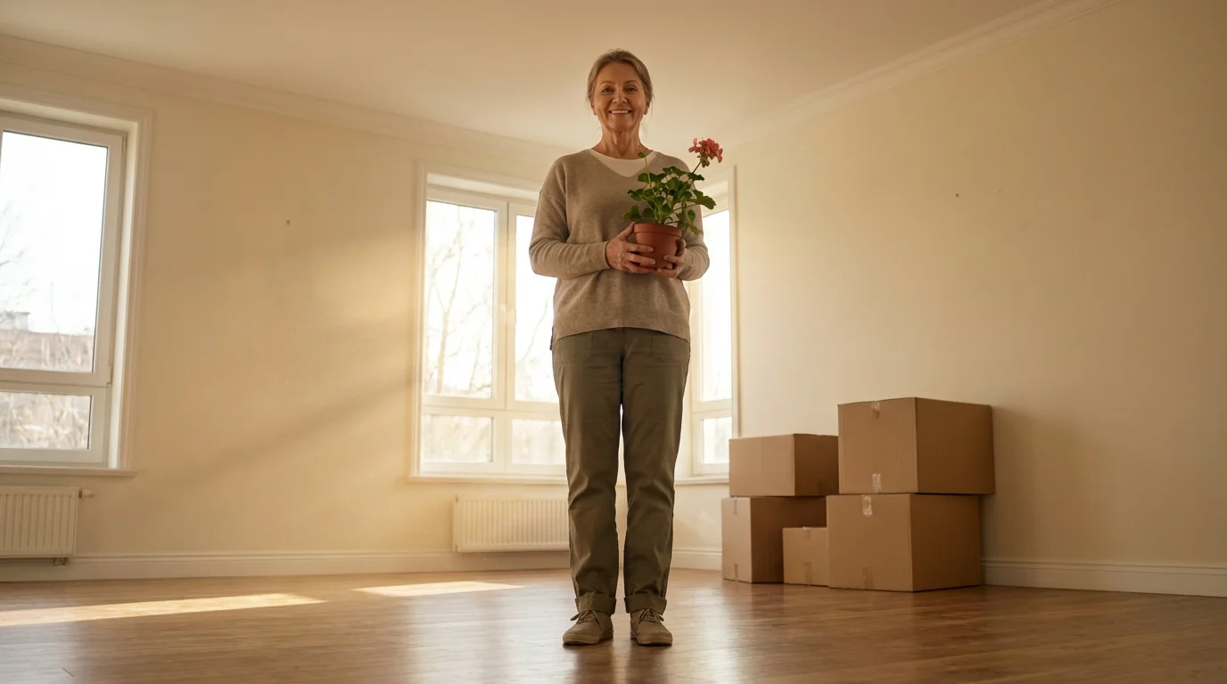 Senior woman smiling in an empty, sunlit room, holding a plant after downsizing.