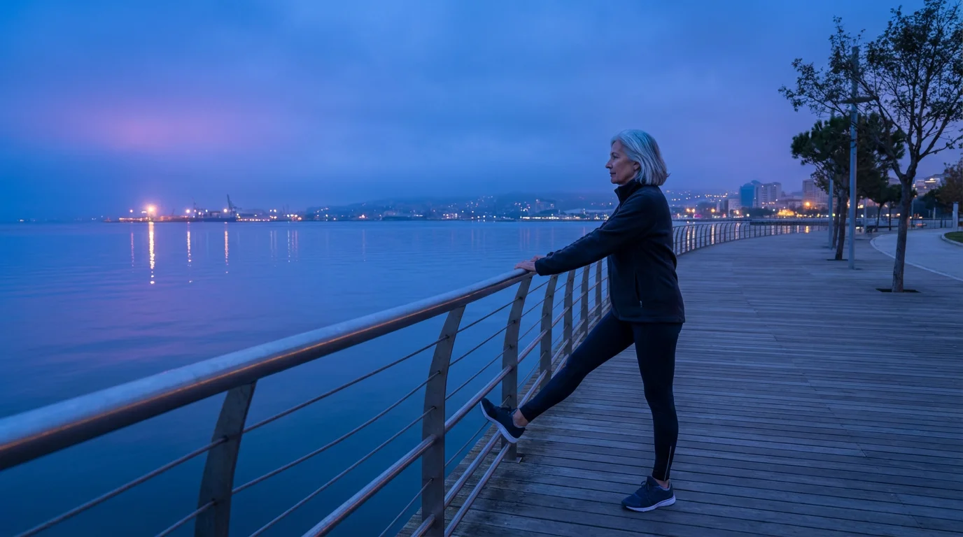 Senior woman stretching safely on a waterfront promenade at twilight for her evening exercise.