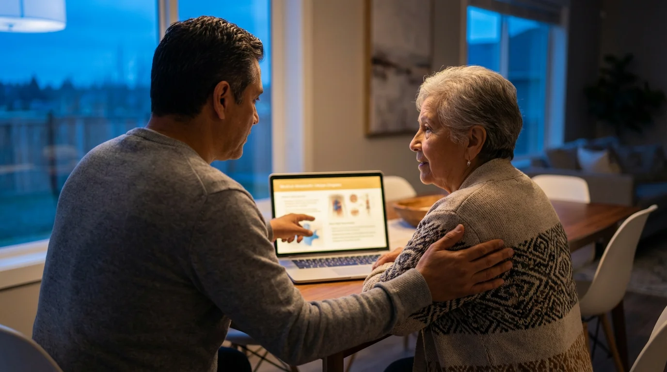 Son helping elderly mother research healthcare plans on a laptop in the evening.