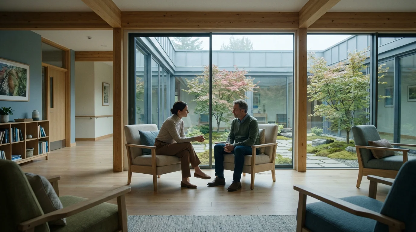 Therapist and patient having a conversation in a modern, calm hospital common room.
