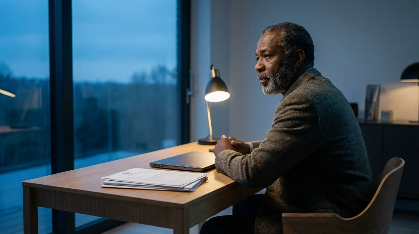 Thoughtful mature man at a desk in his home office during blue hour.