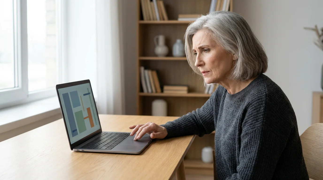 Thoughtful senior woman at her desk with a laptop, practicing online safety precautions.