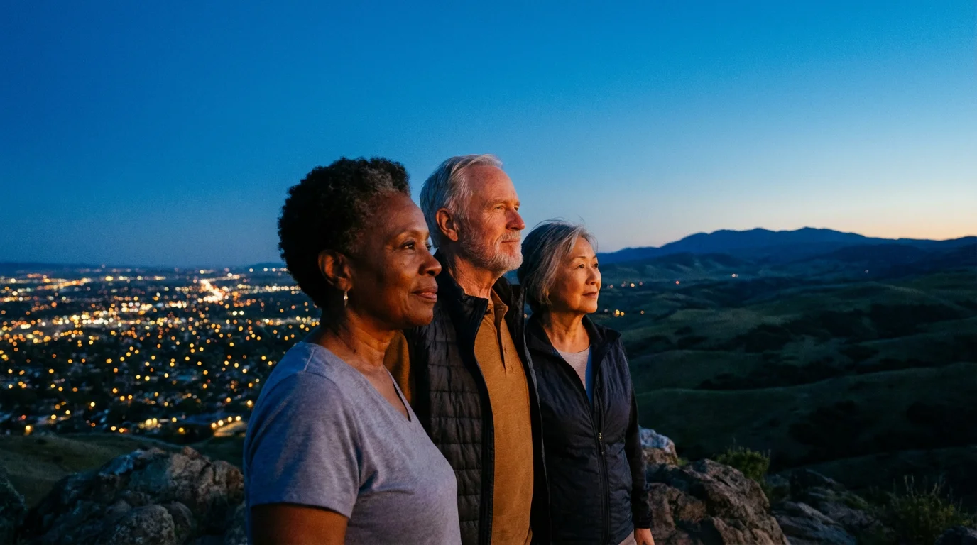 Three diverse seniors looking out over a vast American landscape of cities and hills at twilight.