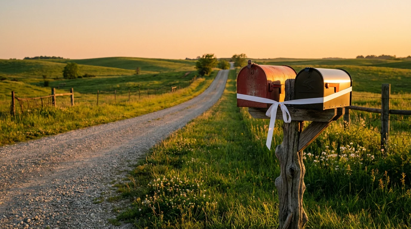 Two different mailboxes on a single post connected by a white ribbon at sunset.