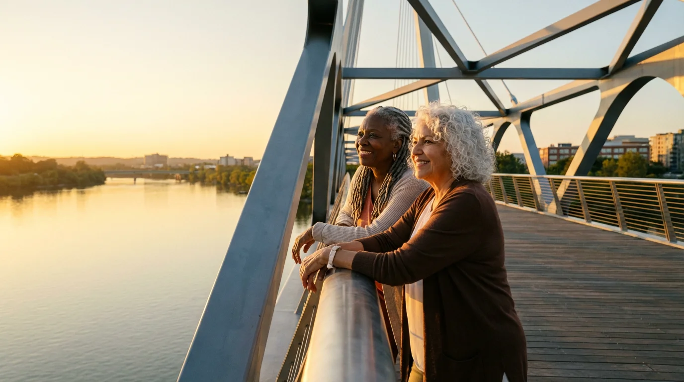 Two diverse senior women smiling on a modern bridge at sunset, representing a smooth journey.