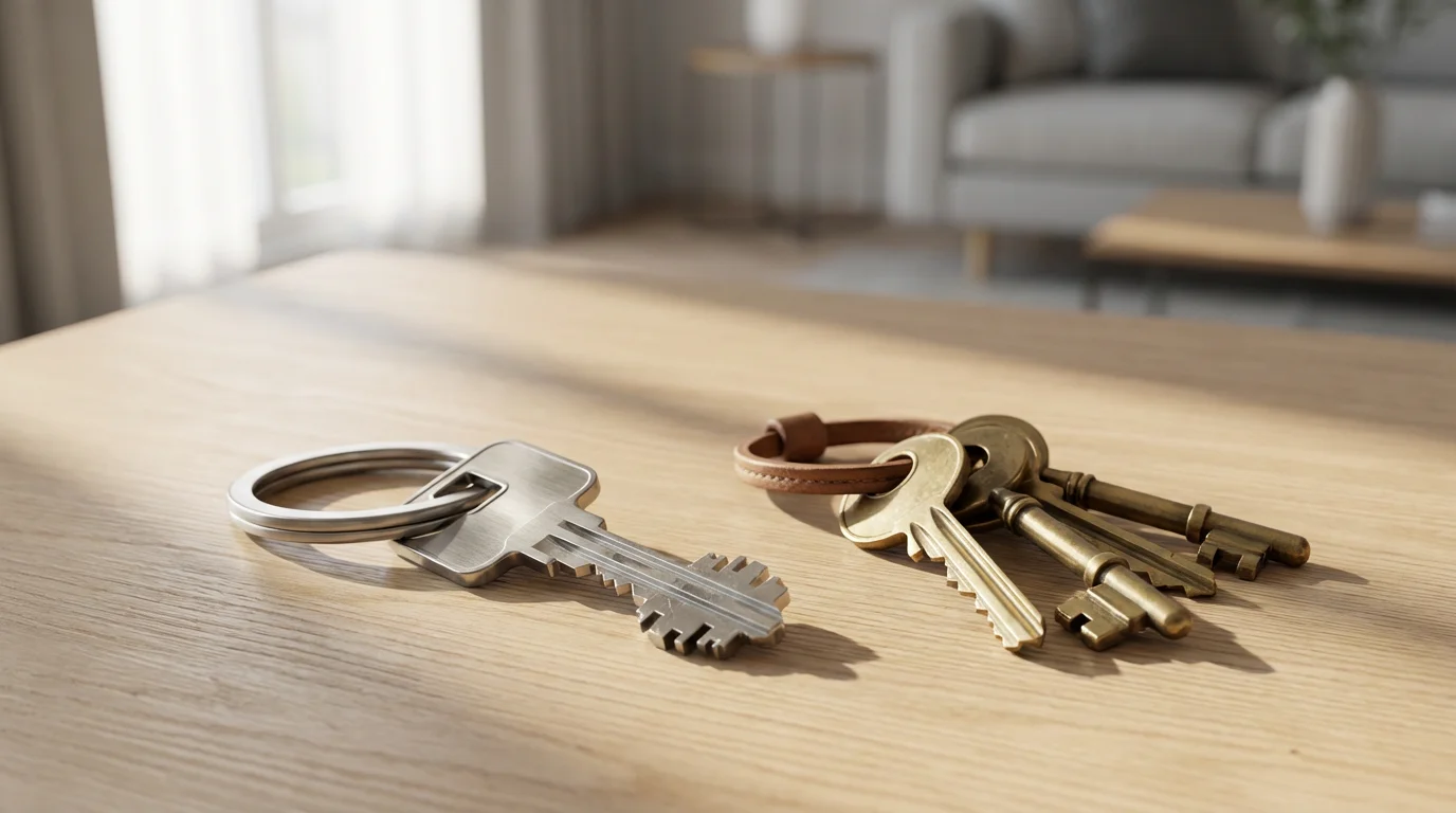 Two key rings on a table: one with a single complex key, one with multiple simple keys.