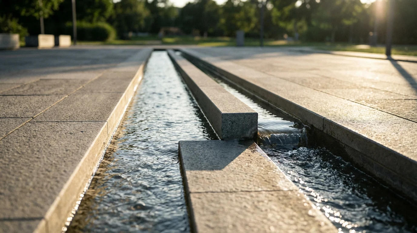Two parallel water channels in a stone plaza, with one flow partially obstructed.