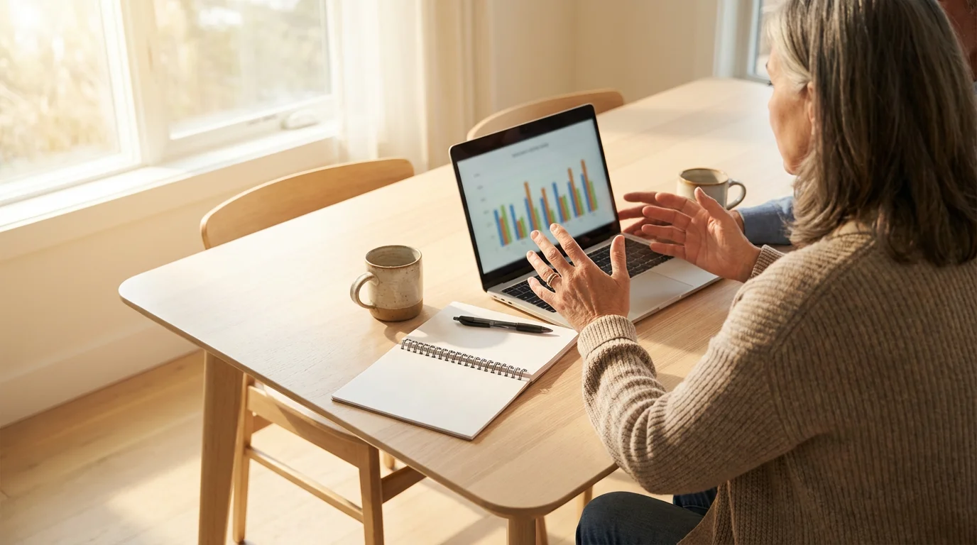 Two people at a table with a laptop and notebook discussing long-term care plans.