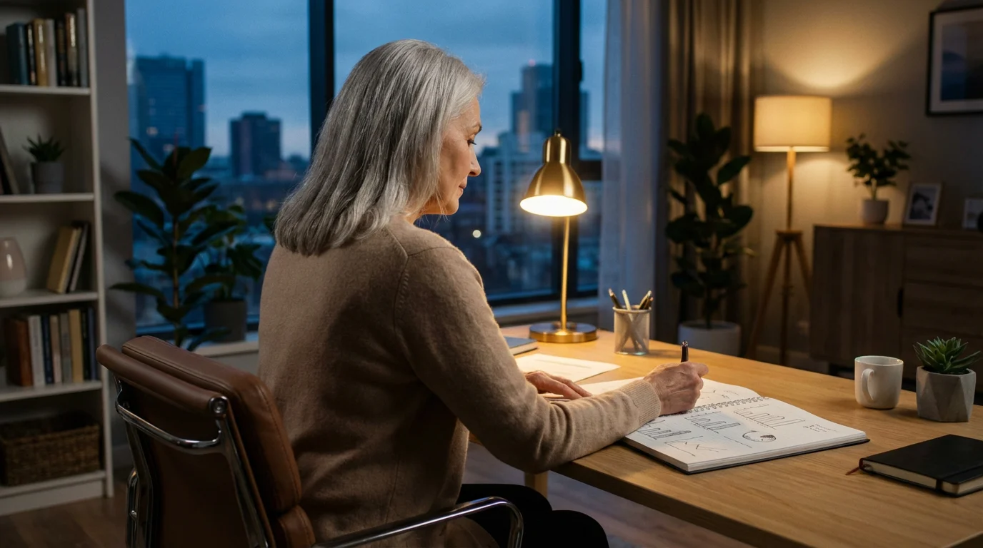Woman at a desk planning retirement finances in the evening with a city view.
