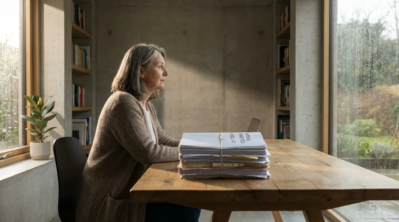 Woman at a desk with a large stack of case documents, looking out a window.