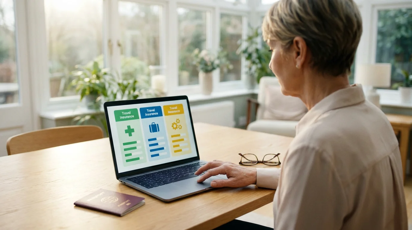 Woman at a laptop comparing graphical travel insurance plans before her international trip.