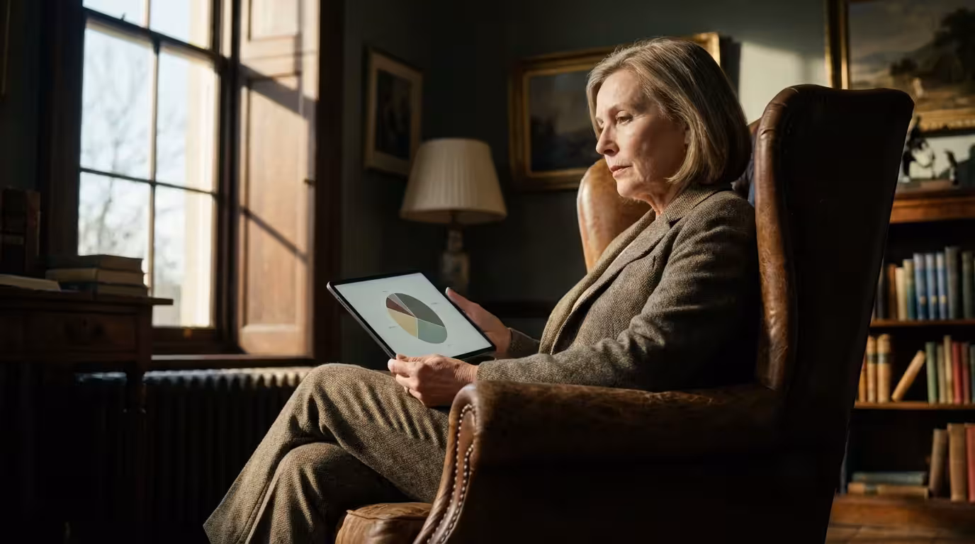 Woman in armchair reviews a financial pie chart on a tablet in the afternoon.