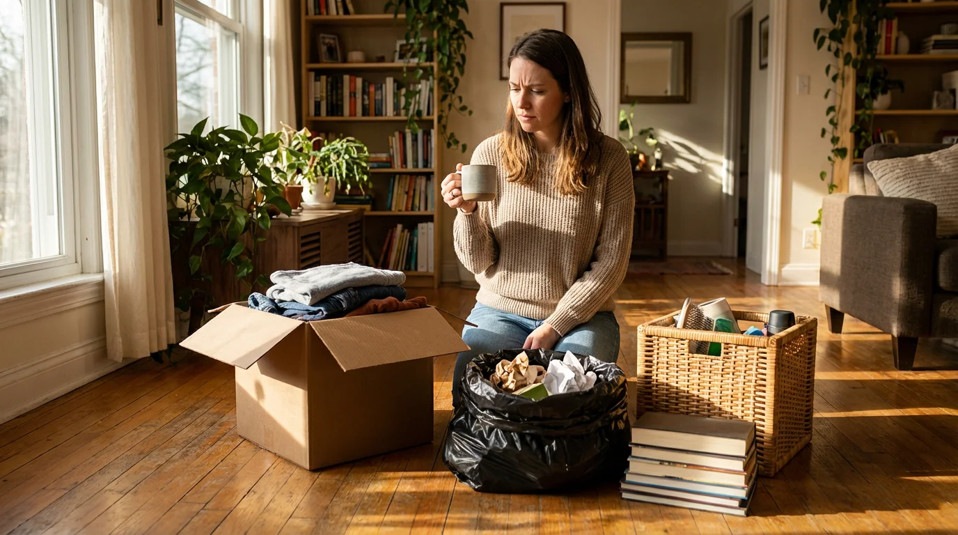 Woman sorting household items into four different boxes on a living room floor.