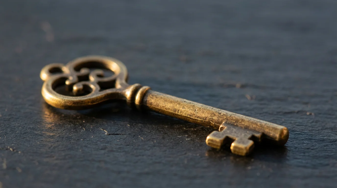 A close-up macro photograph of a single brass skeleton key on a slate surface.