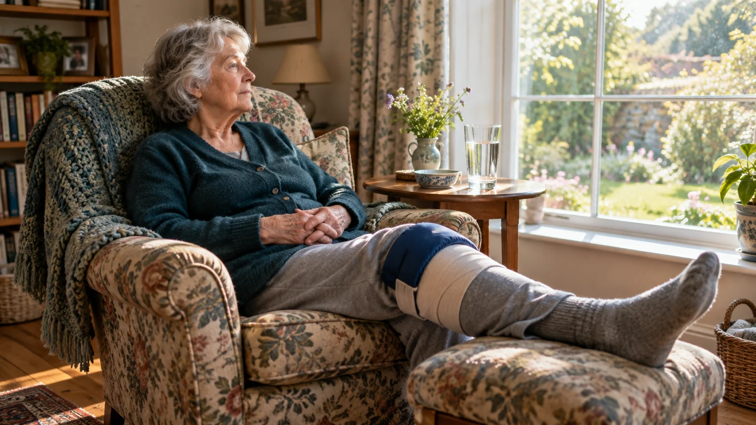 Senior woman sitting in an armchair with her bandaged knee elevated on an ottoman by a sunny window.
