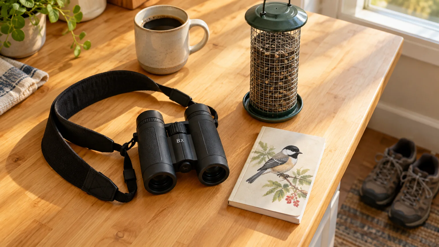 Binoculars, a bird feeder, a coffee mug, and an illustrated bird book resting on a wooden tabletop in sunlight.