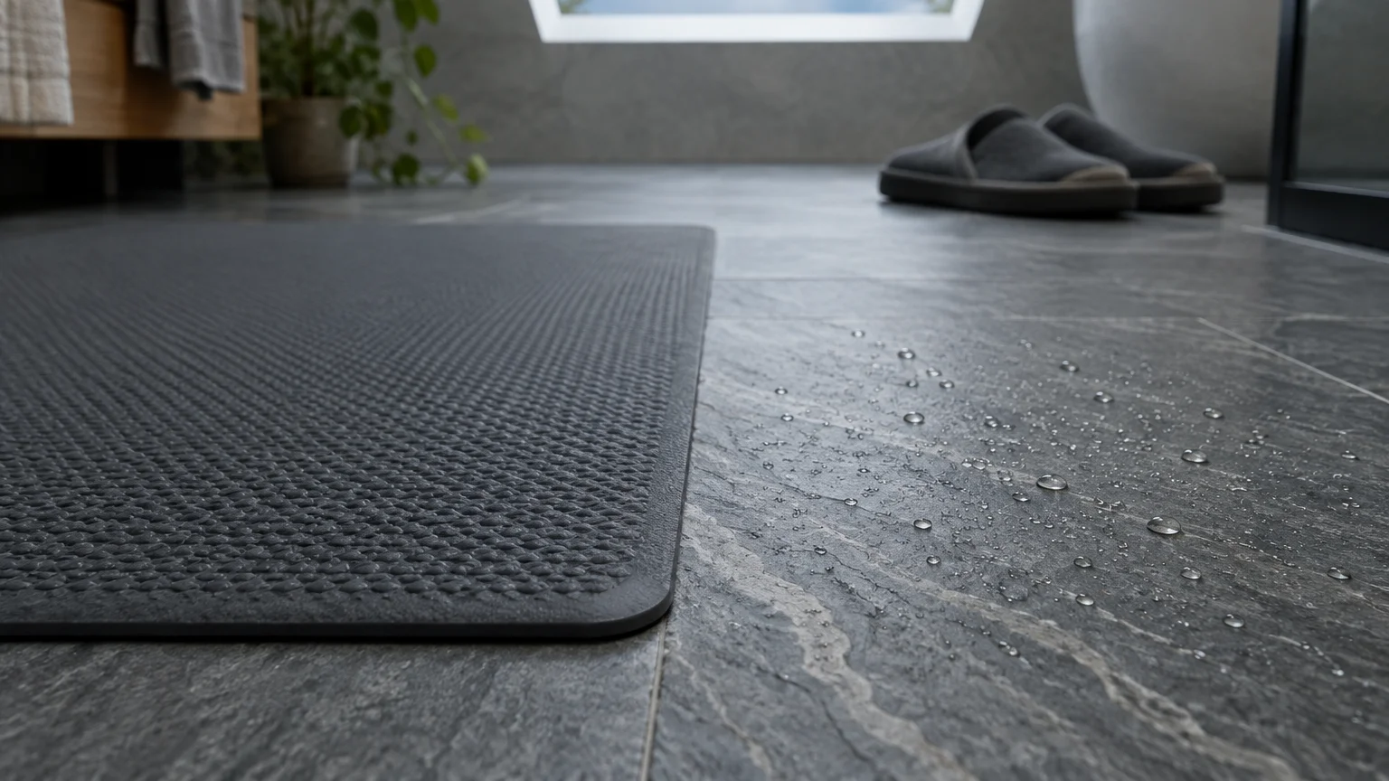 Low-profile textured dark gray mat beside water droplets on gray tiled bathroom floor, with slippers in the background.