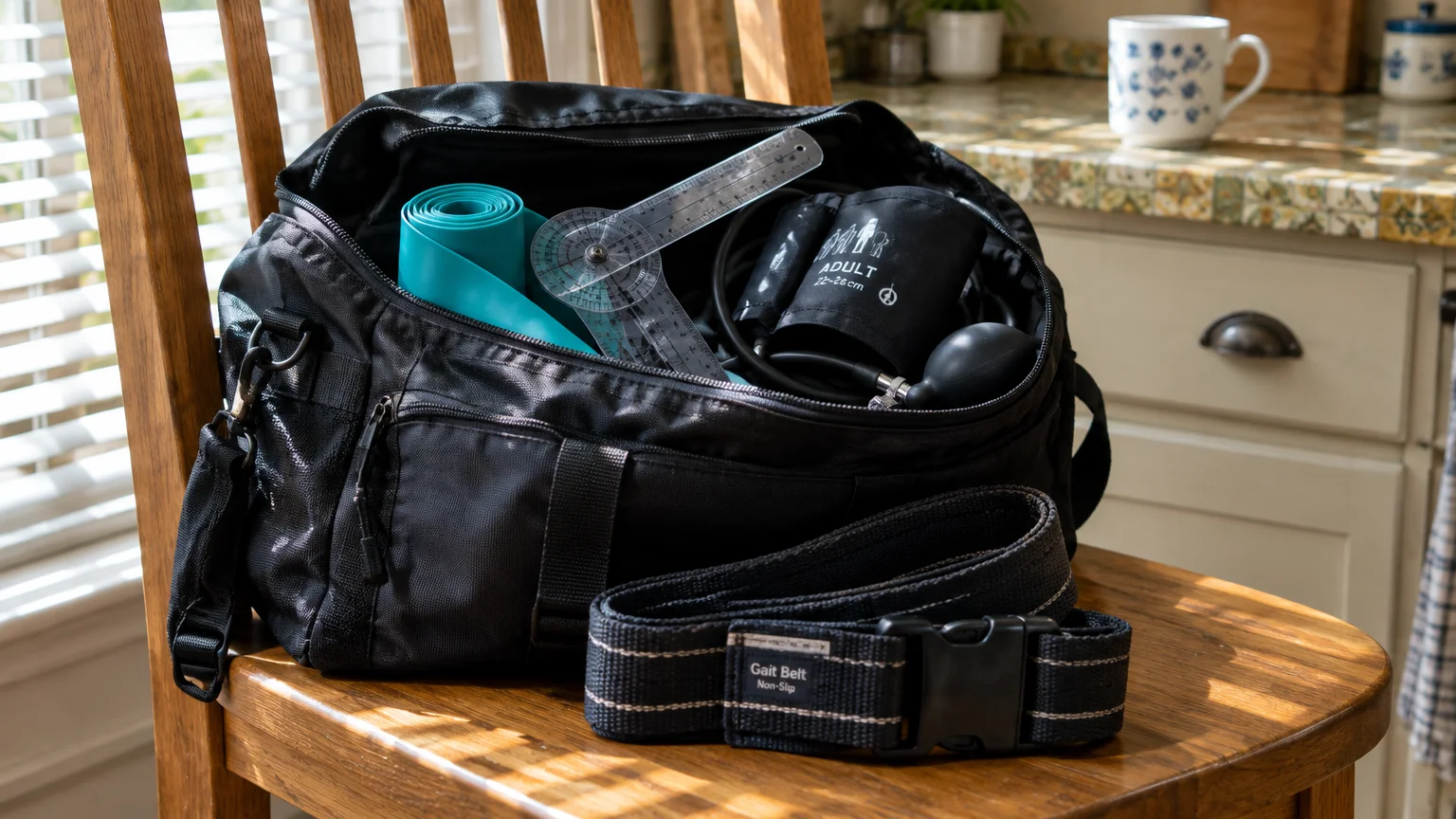 Black duffel bag on a wooden chair packed with a blood pressure cuff, goniometer, resistance band, and gait belt.