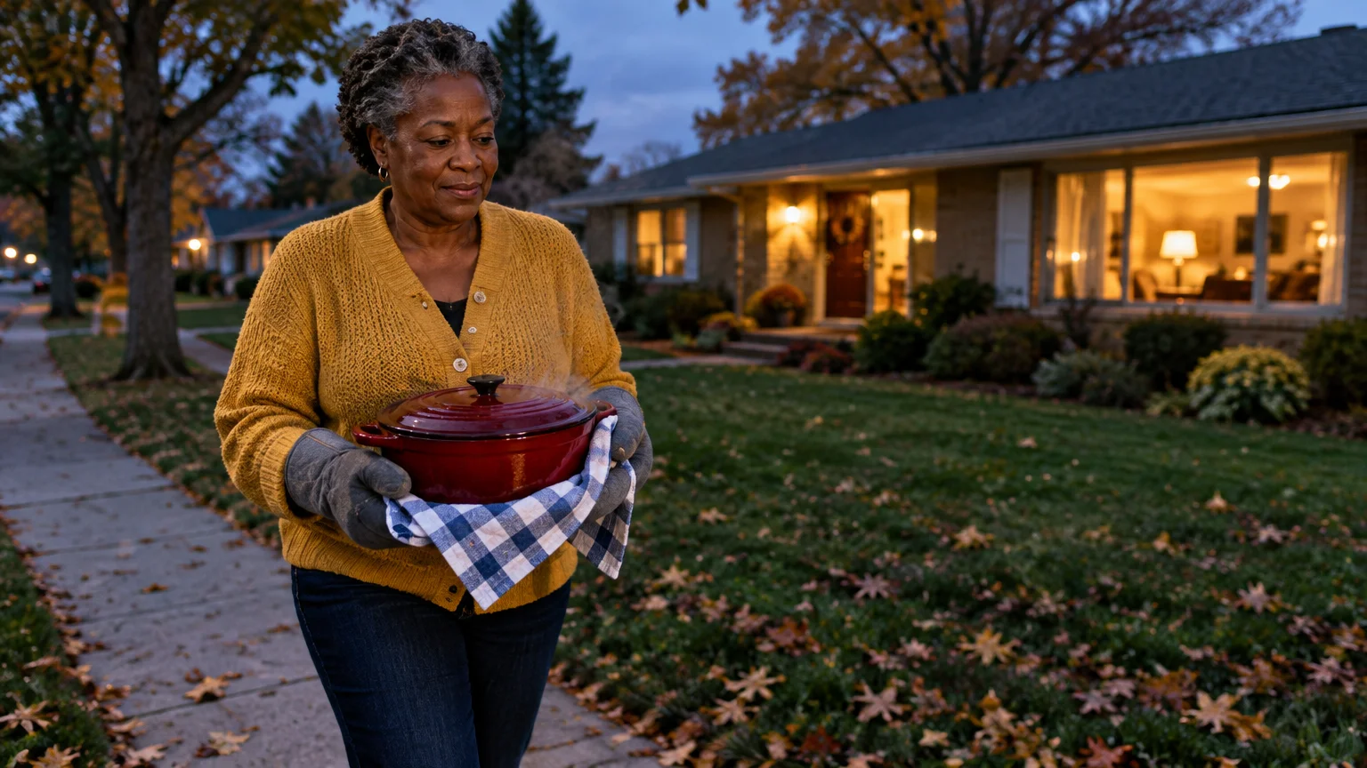 A woman carrying a steaming red Dutch oven in oven mitts along a suburban sidewalk at dusk.