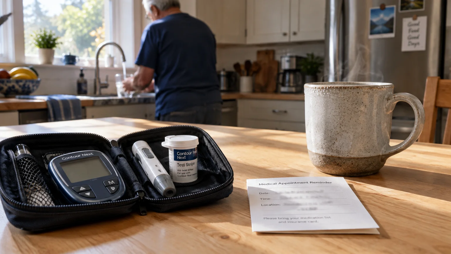 A blood glucose monitoring kit, appointment reminder card, and steaming mug sit on a table while a man washes dishes.