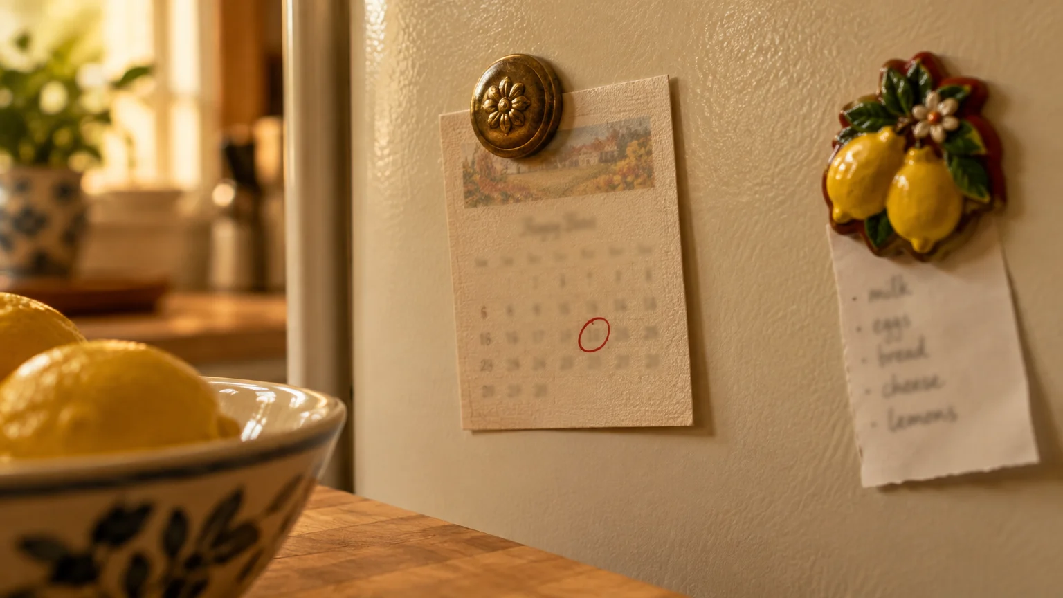 Small calendar with a circled date and a grocery list held by magnets on a refrigerator door.