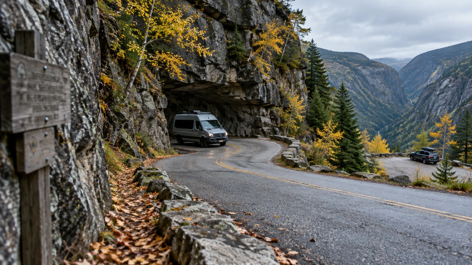 Silver campervan emerging from a rock tunnel on a winding mountain road overlooking a steep valley with autumn foliage.