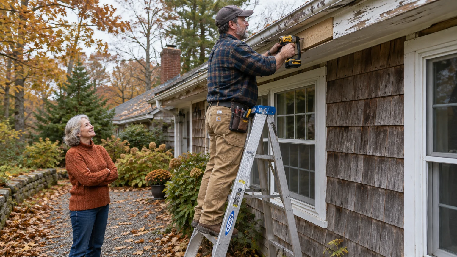 Man on a ladder repairs exterior roof fascia with a cordless drill while a woman watches outside a shingle house.