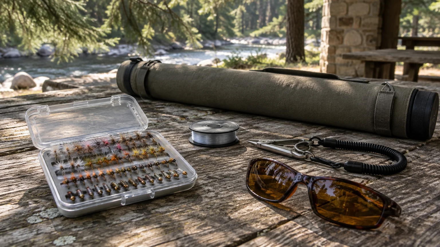 Fly box, sunglasses, nippers, tippet spool, and a rod case resting on a wooden picnic table beside a river.