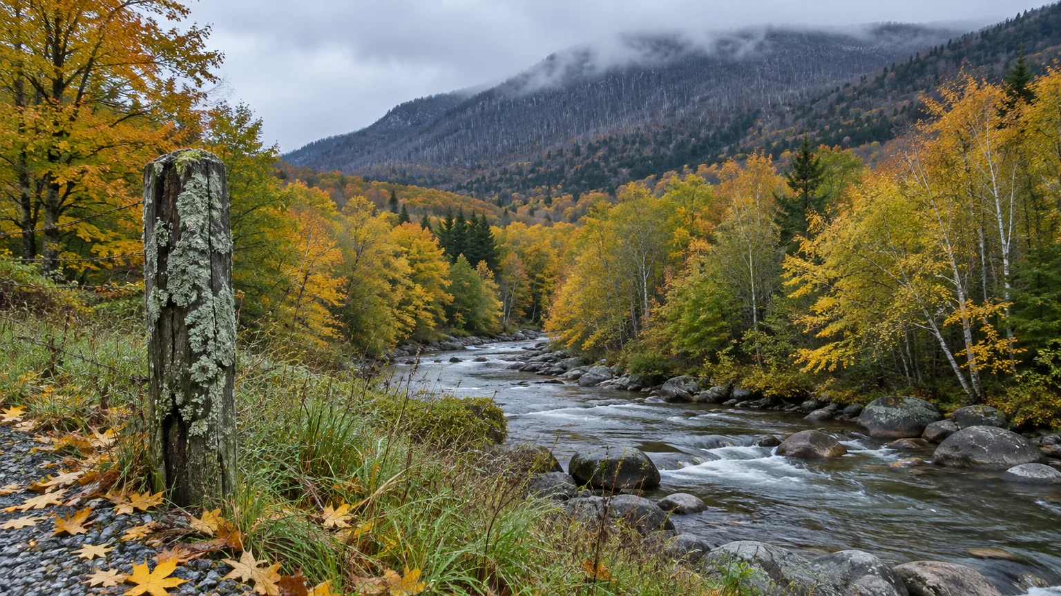 Rocky river flowing through an autumn forest of yellow trees toward mist-covered mountain slopes under an overcast sky.