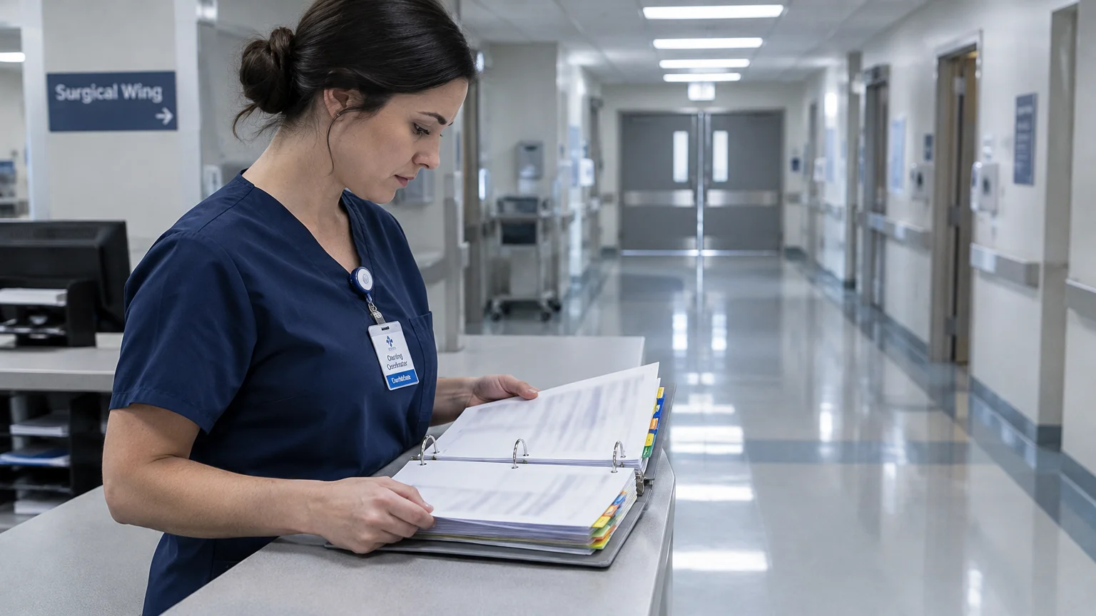 Healthcare worker in navy scrubs reviewing a medical chart binder at a hospital counter in a hallway.