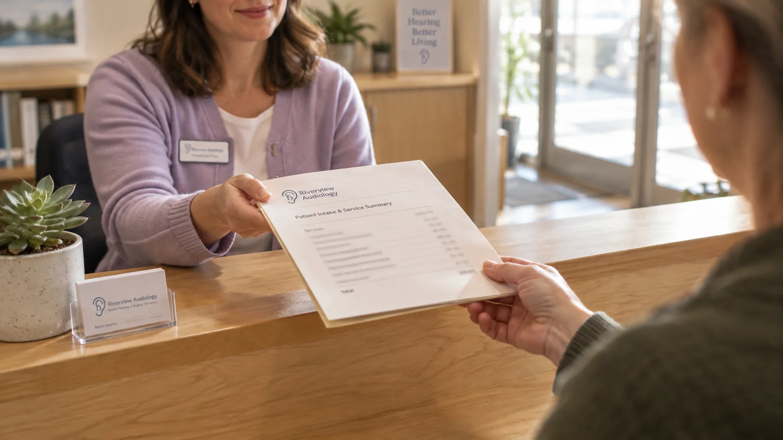 A receptionist at an audiology clinic hands a paperwork summary across a wooden counter to a patient.