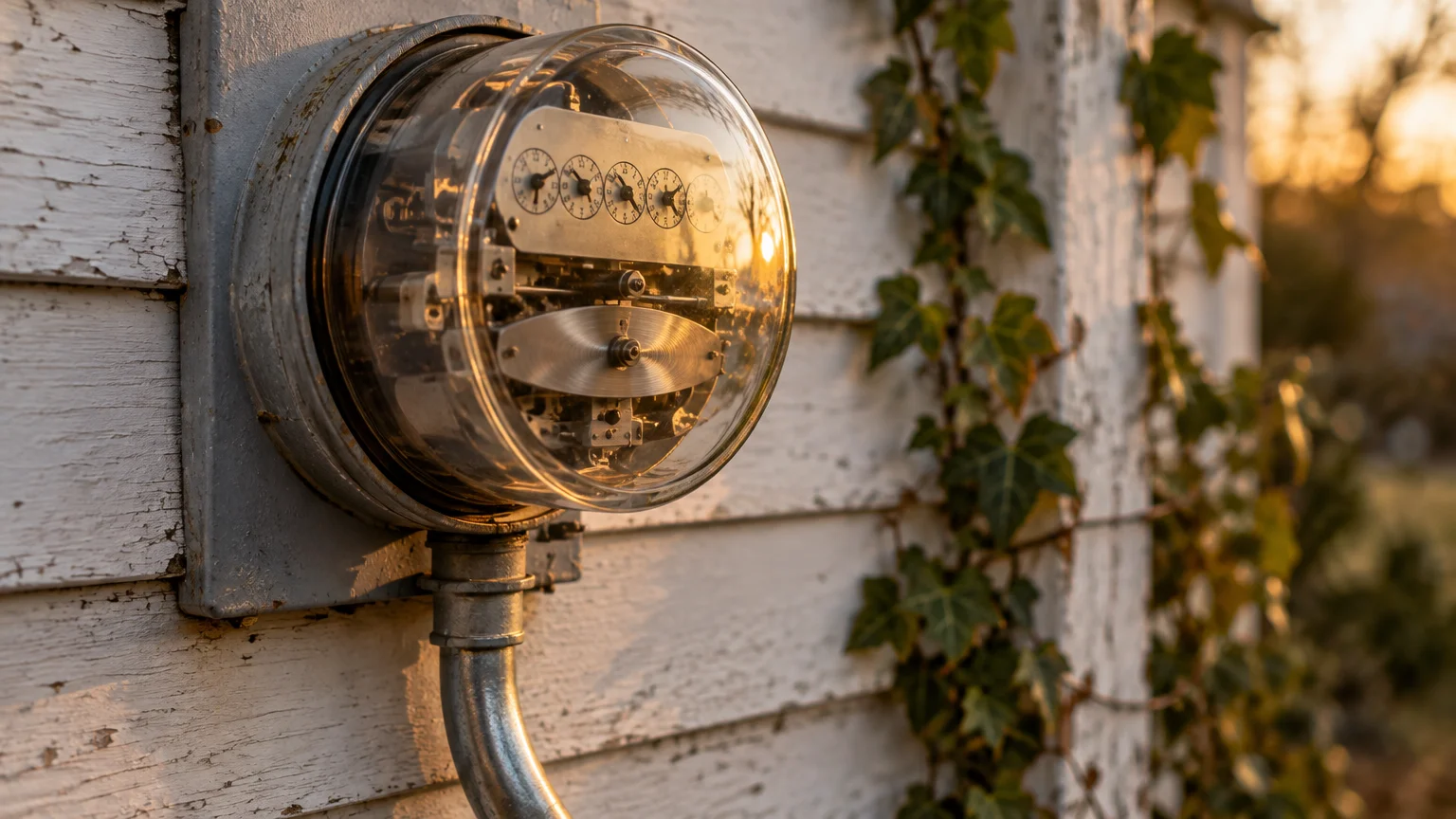 Vintage analog electric meter mounted on white painted wood siding beside climbing green ivy in evening sunlight.