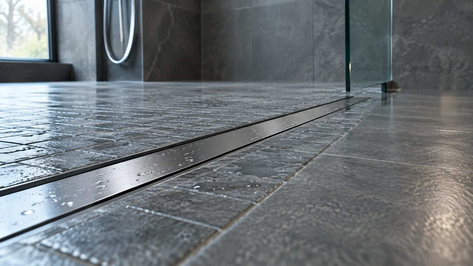 Low-angle close-up of a stainless steel linear trench drain embedded in a slate tile shower floor next to a glass panel.
