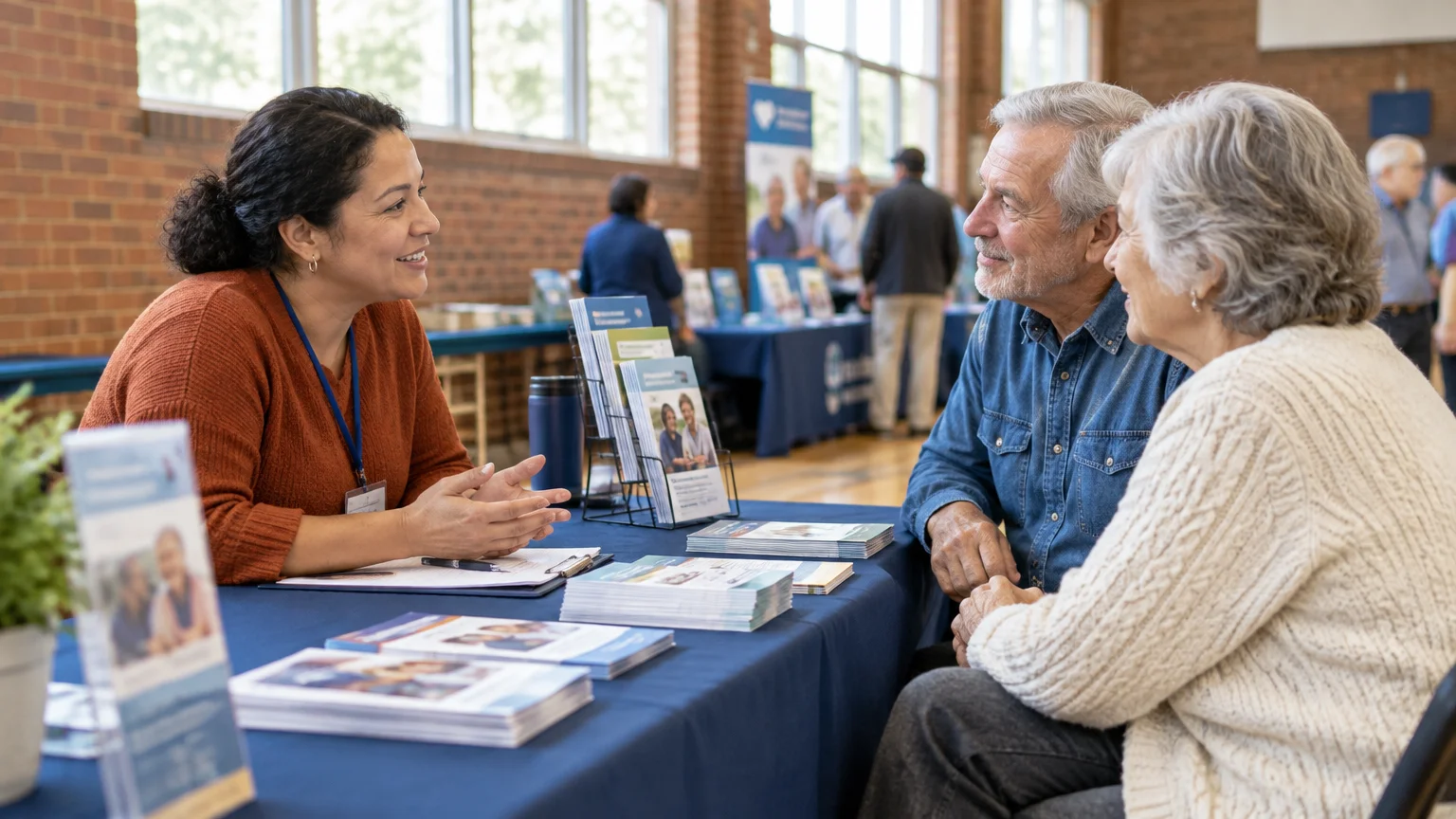 A woman sits at an informational table speaking to an older couple with brochures displayed between them.