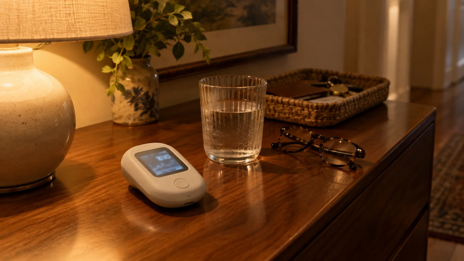 A small digital receiver sits on a wooden dresser next to a glass of water, eyeglasses, and a lamp.