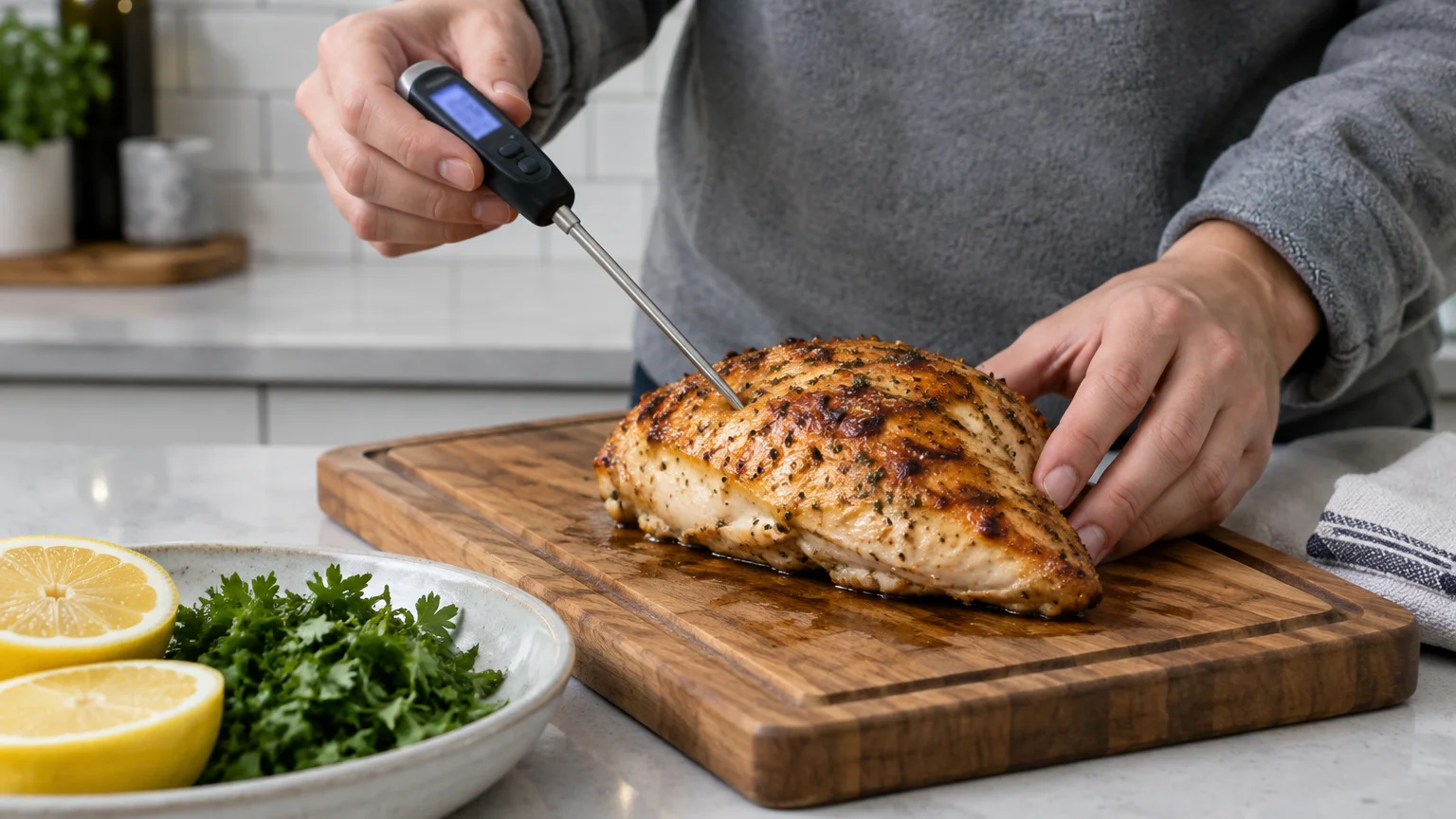 A person inserts a digital food thermometer into a cooked chicken breast on a wooden cutting board.