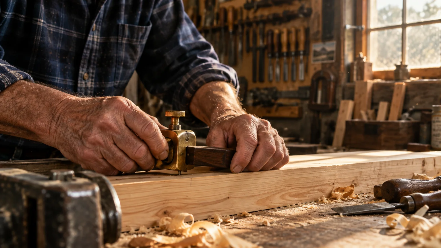 Close-up of a woodworker's hands using a brass marking gauge on timber atop a cluttered workbench.
