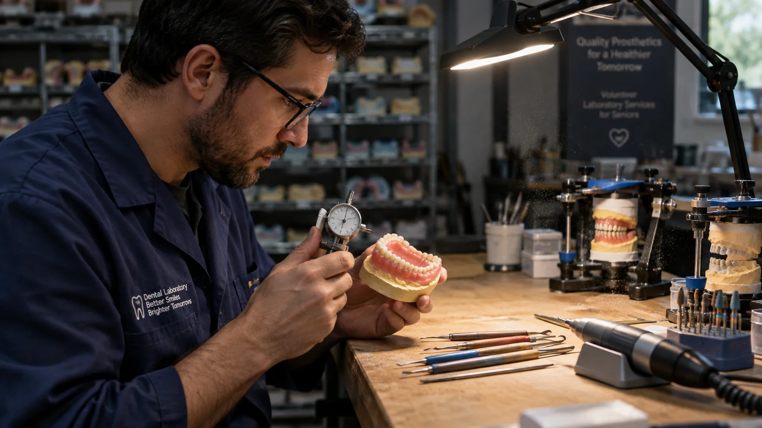 Dental technician in glasses measuring a pink denture model with a dial gauge at a workbench under a task lamp.