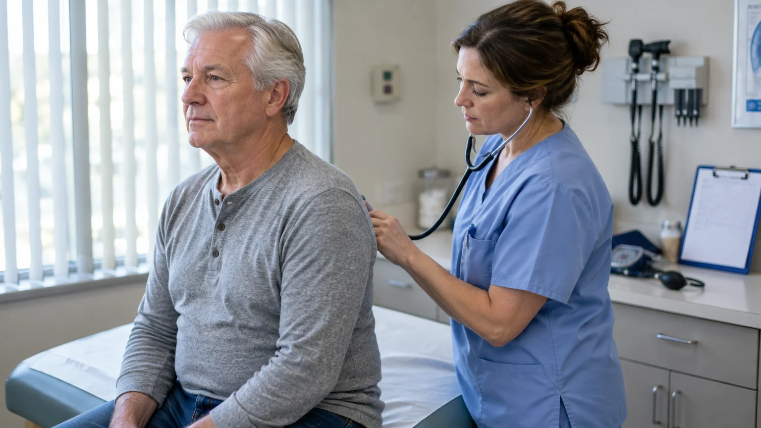 A female doctor in blue scrubs examines an older man's back with a stethoscope in a clinic examination room.