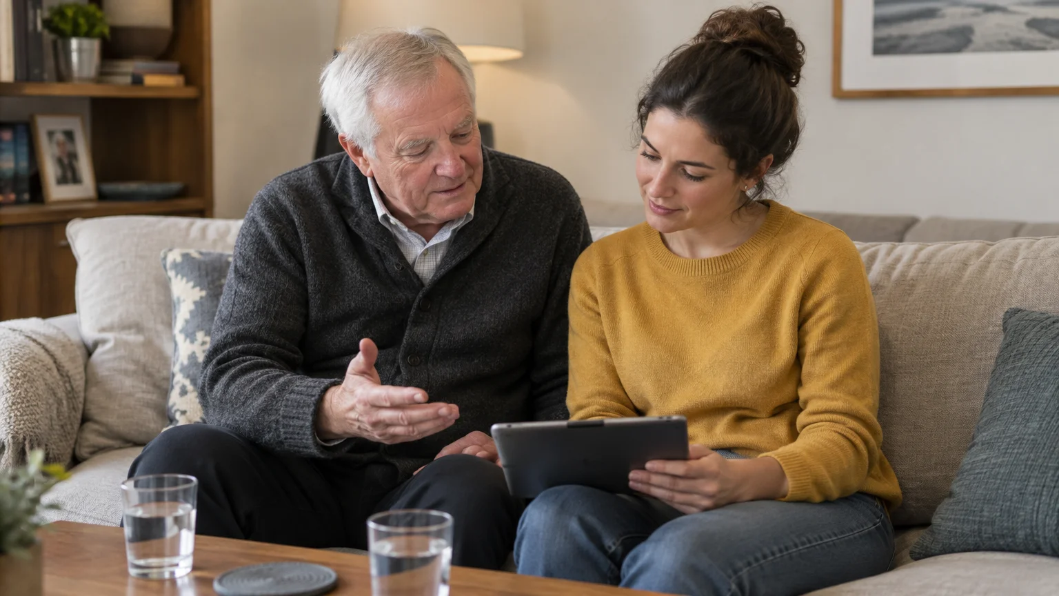 An older man and a younger woman sit together on a living room sofa looking at a digital tablet.