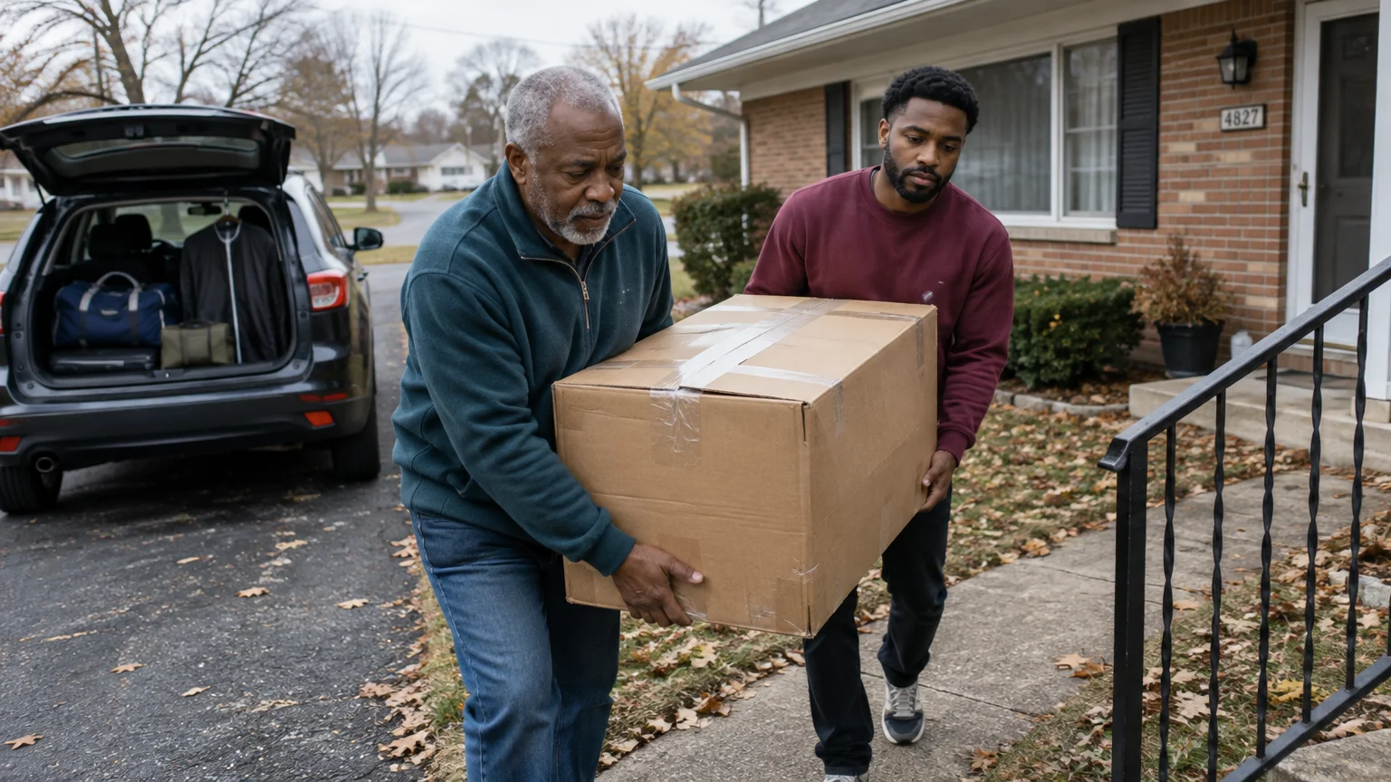 An older man and a younger man carry a large cardboard moving box up a walkway toward a brick house.