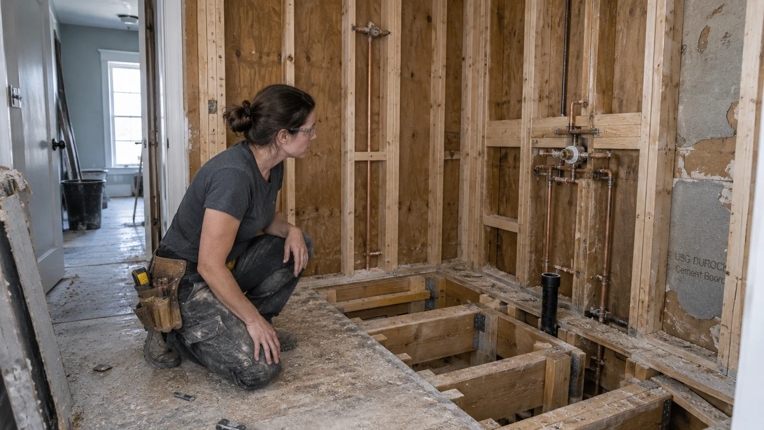 A female carpenter kneels beside exposed floor joists and framed wall studs during a bathroom remodel.