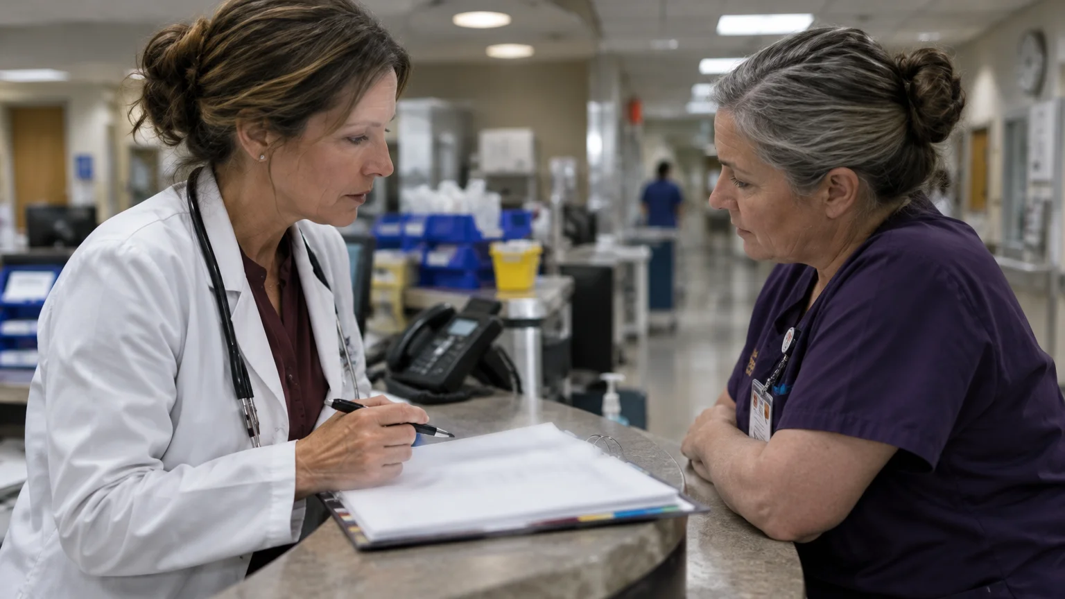 A doctor in a white coat writes on paperwork at a hospital nurses' station while speaking to a healthcare worker in scrubs.