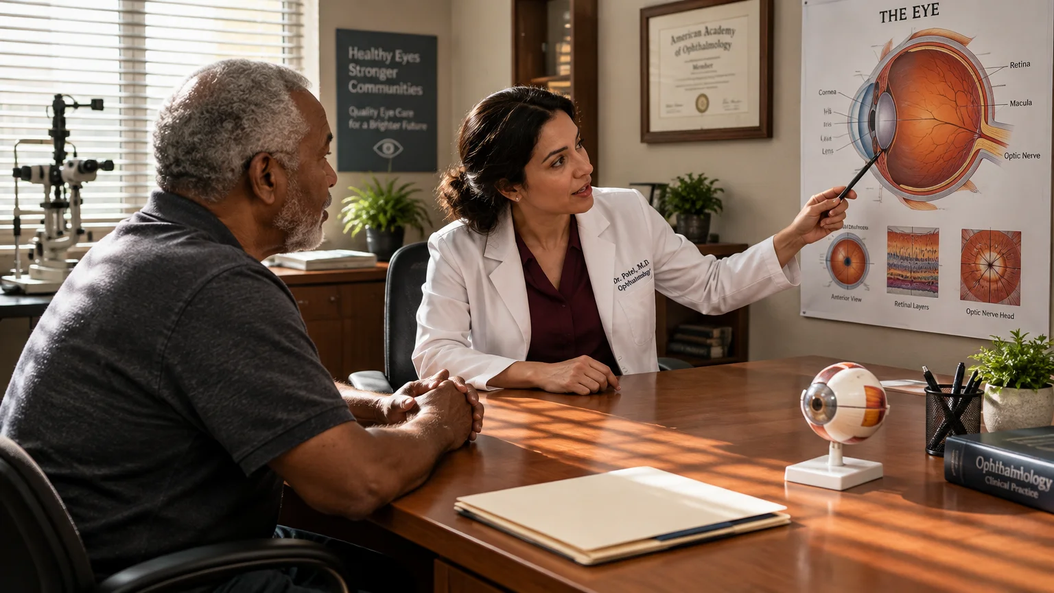 An ophthalmologist points to an anatomical eye chart while speaking with an older male patient across a wooden desk.