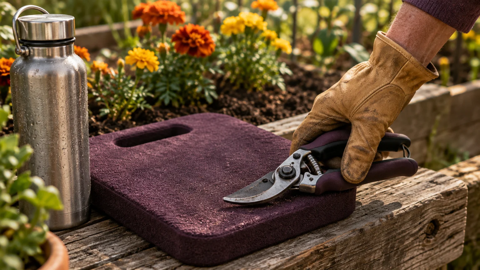 A gloved hand rests pruning shears on a purple kneeling pad beside a metal water bottle near marigolds.