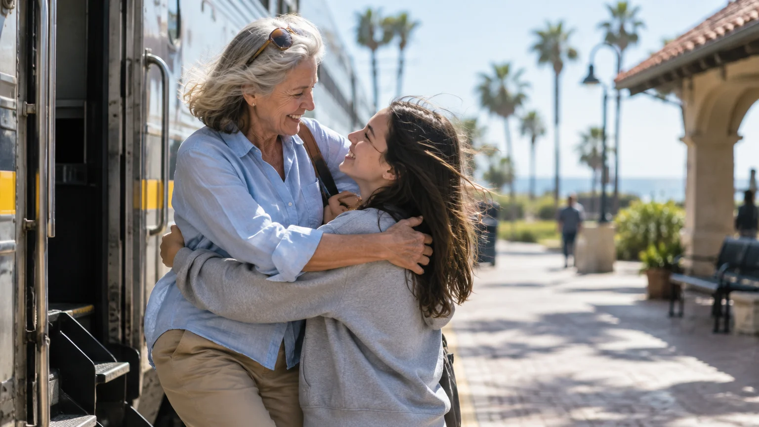 An older woman steps down from a passenger train and hugs a younger woman on a sunny outdoor station platform.