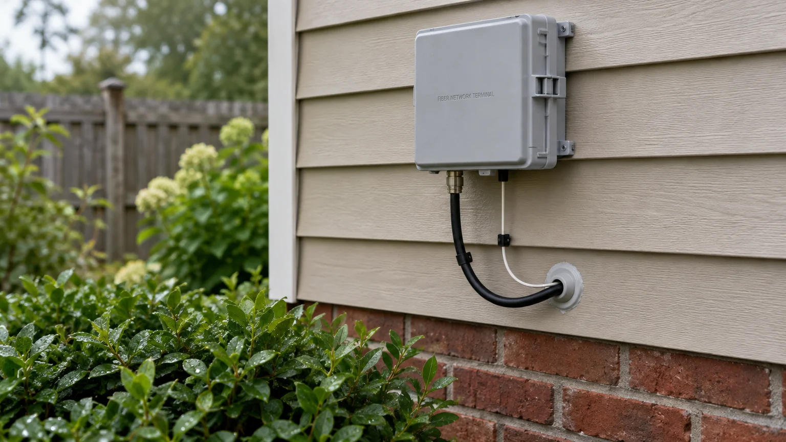 Gray fiber network terminal box mounted on exterior house siding above a brick foundation and bushes.