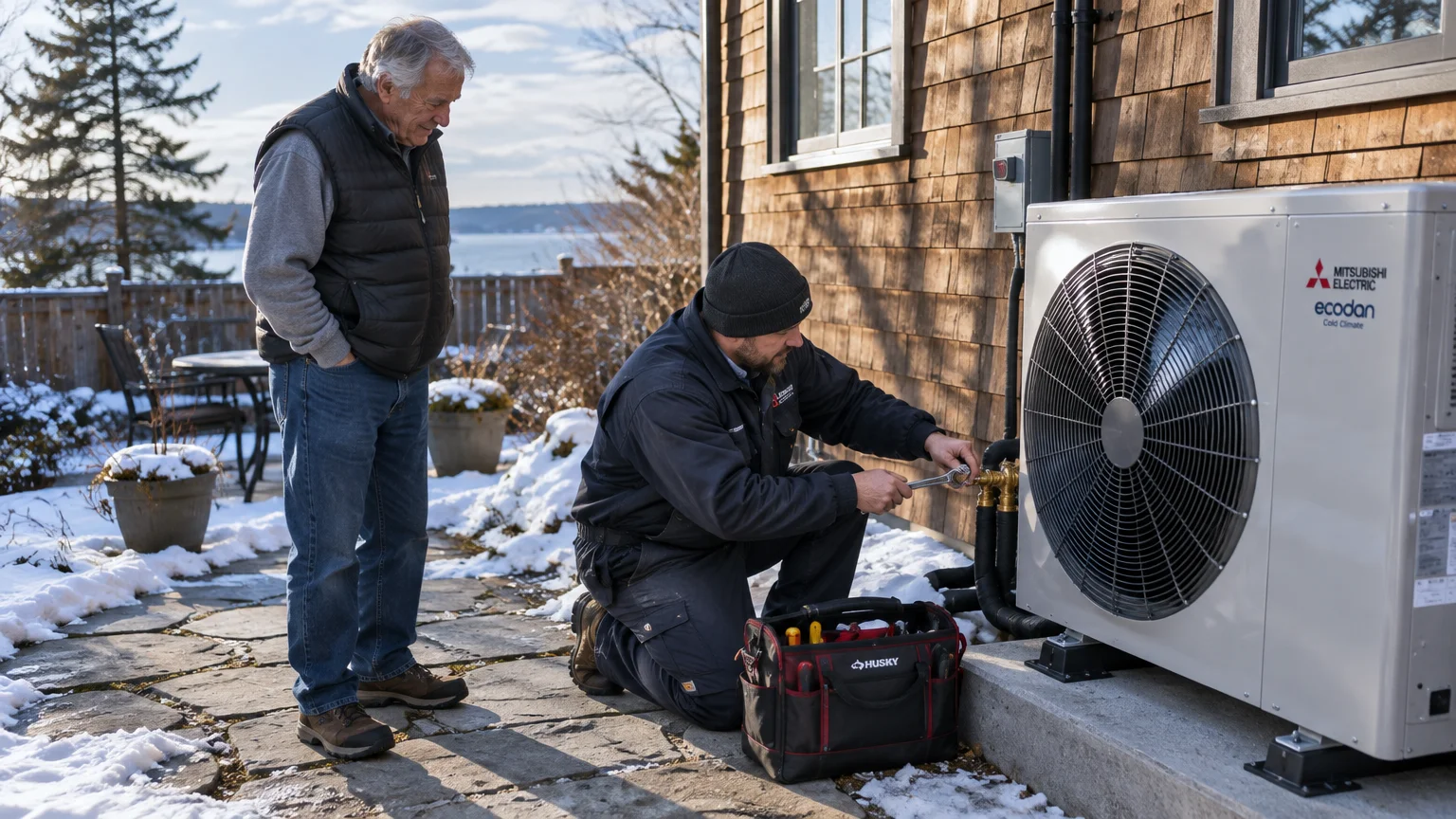 A technician kneels to service an outdoor heat pump unit with a wrench while a homeowner watches on a snowy patio.
