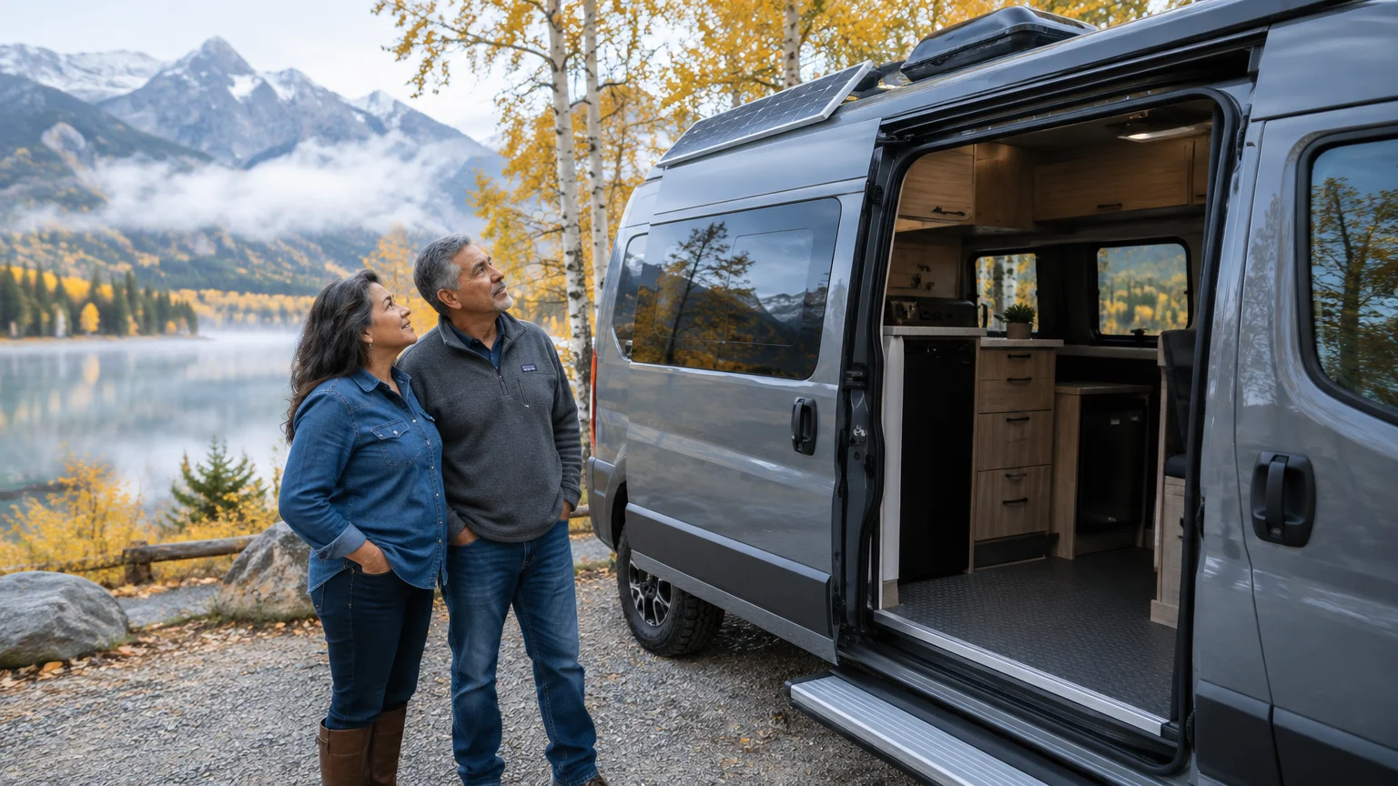 A man and woman stand outside an open camper van parked by a foggy mountain lake surrounded by autumn trees.